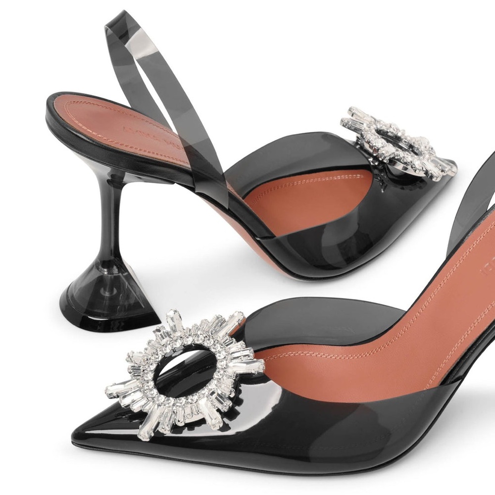 Amina Muaddi Black Heels with Crystal Embellishment
